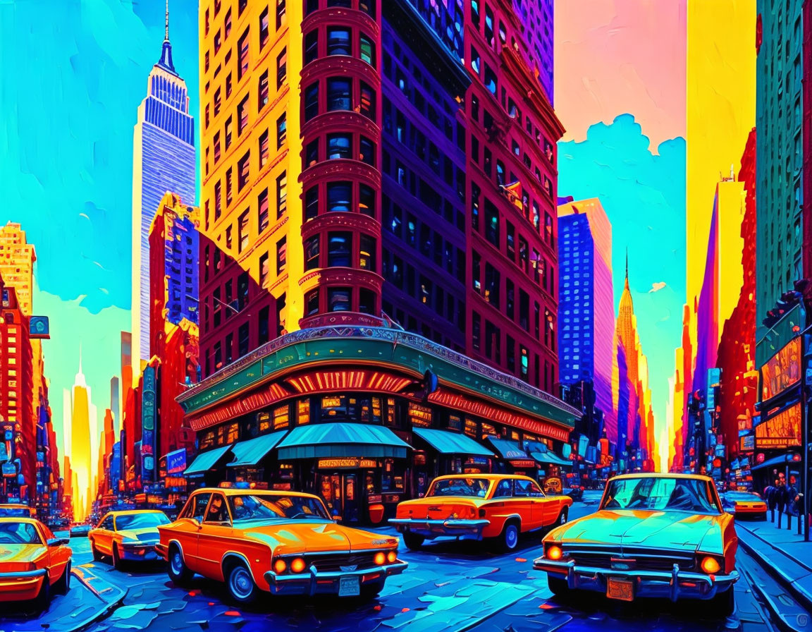 Colorful cityscape with vintage cars and skyscrapers in clear sky