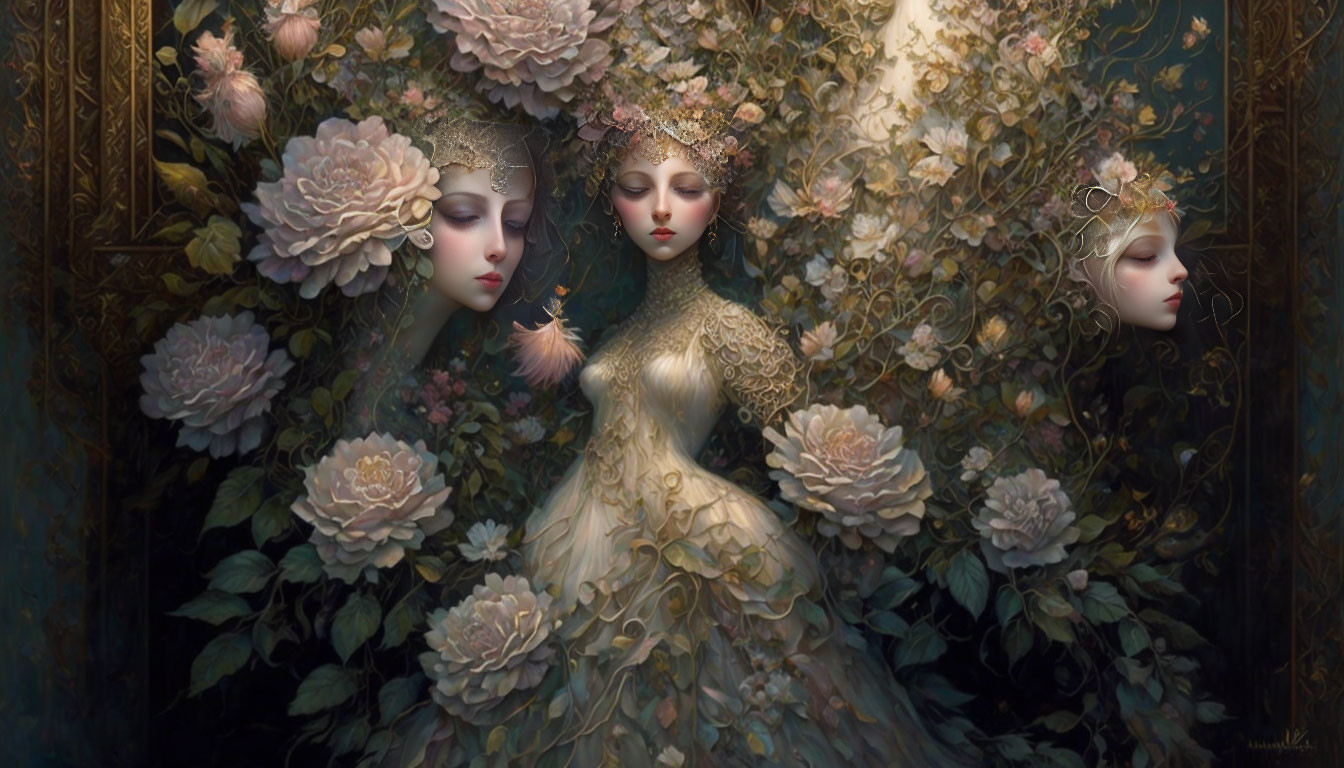 Ethereal female figures in ornate floral attire among blooming roses