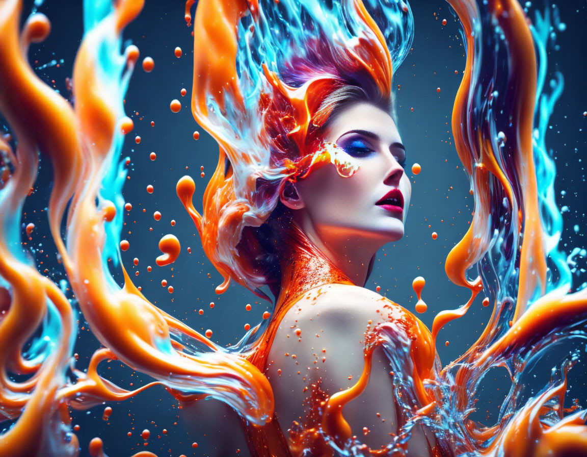 Colorful makeup woman in dynamic orange and blue swirls