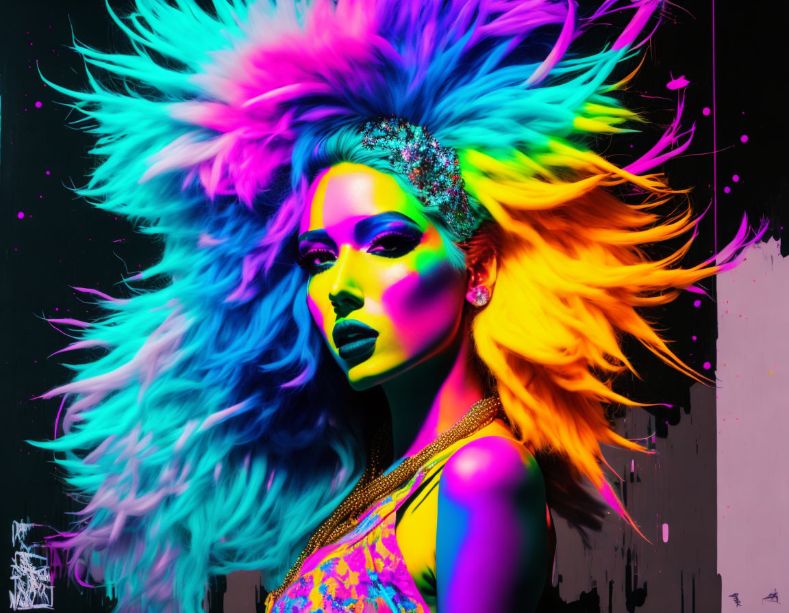 Colorful Woman Portrait with Neon Headdress on Dark Background