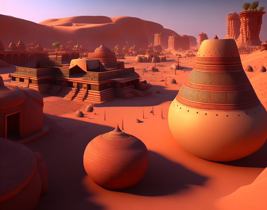 Fantasy desert landscape: 3D-rendered sunset scene with decorative pots and sand dunes