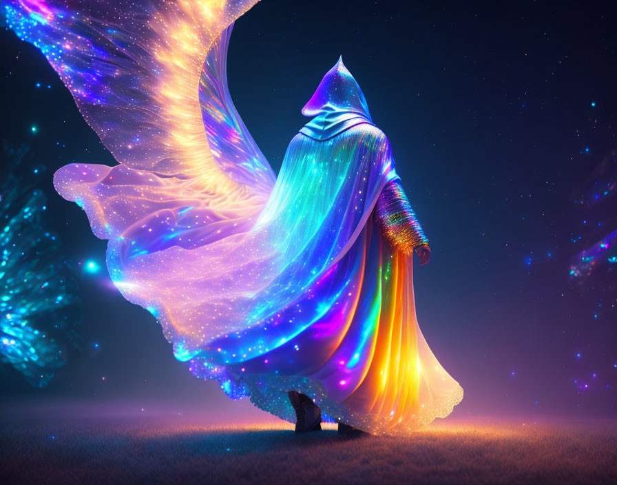 Mystical figure in vibrant cloak under starry sky