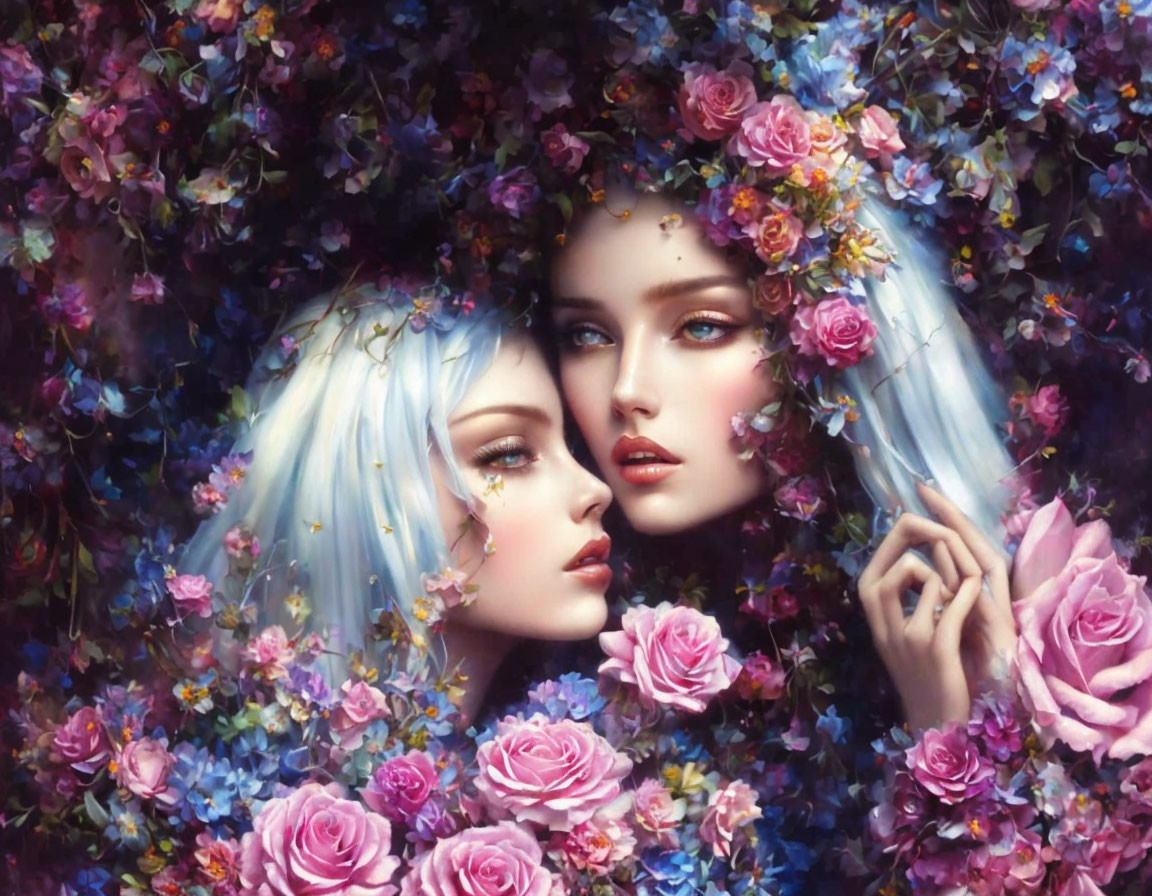 Ethereal women with blue and white hair surrounded by colorful roses in a floral backdrop