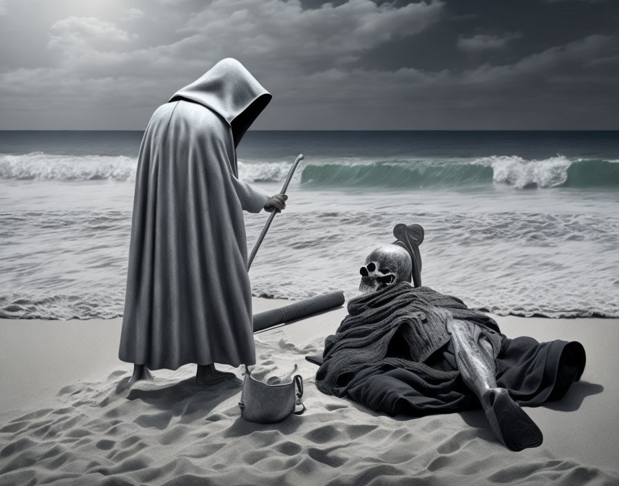 Cloaked figure with staff and skeletal figure in robes on beach.