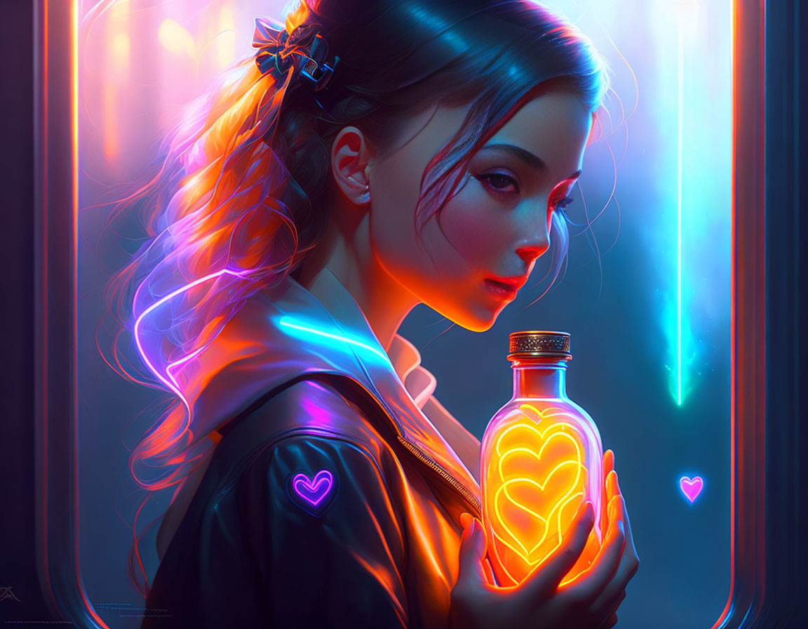 Vibrant neon illustration of woman with heart-shaped bottle in glowing lights