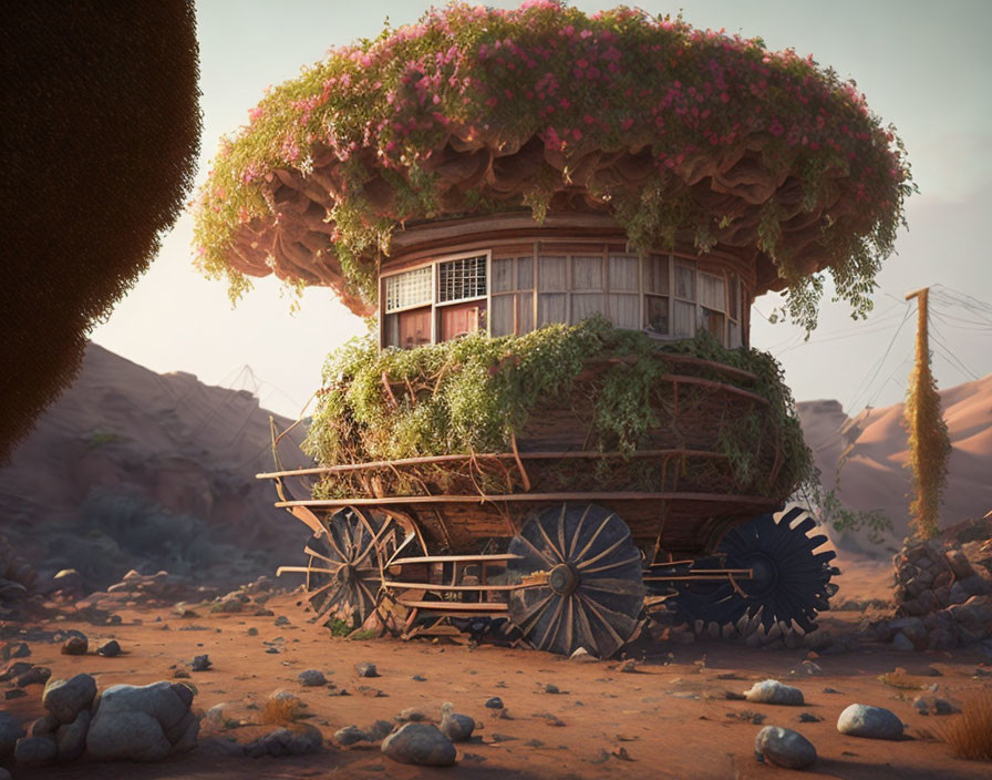 Circular wooden house on wheels with greenery and pink flowers in desert landscape