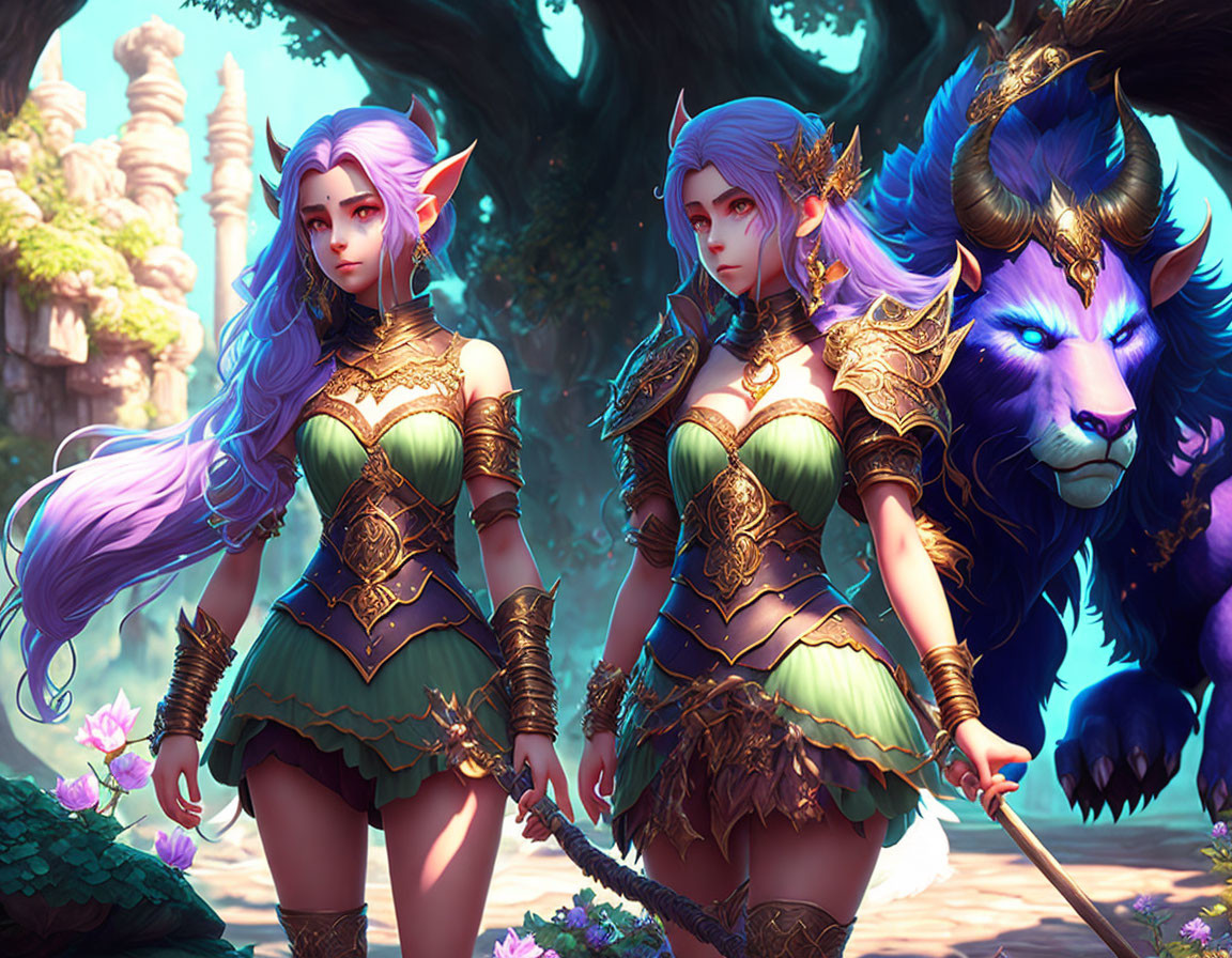 Elven warriors in green armor with lion in forest