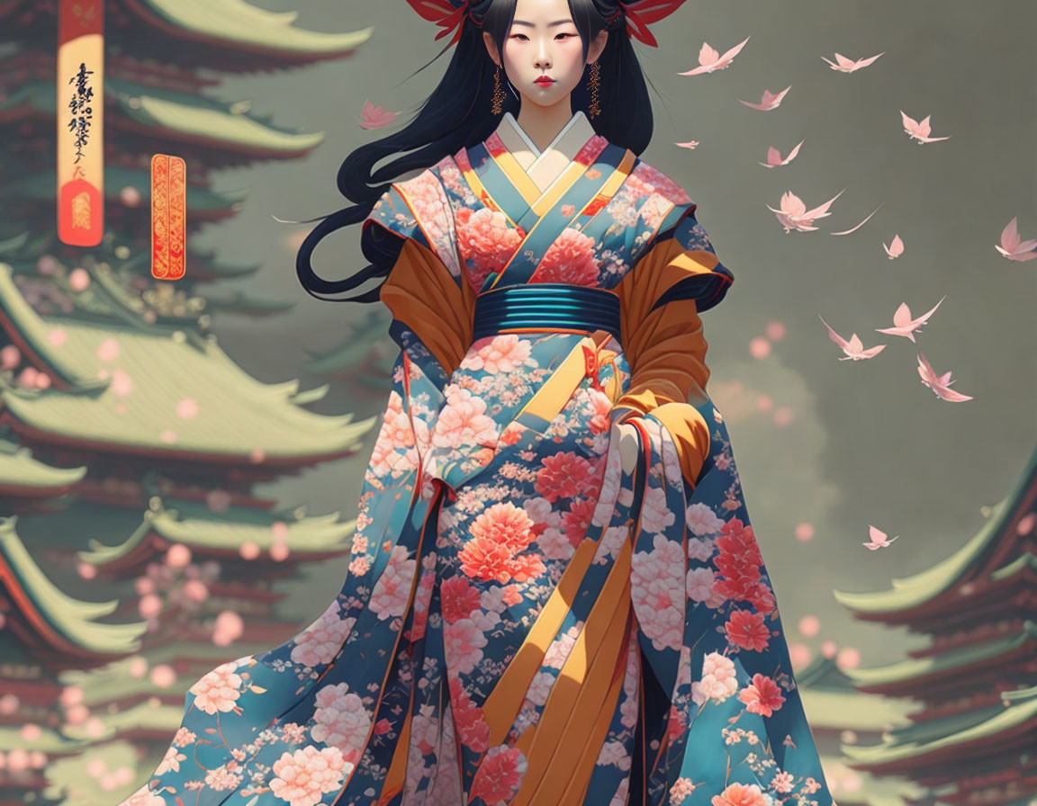 Illustration: Woman in traditional kimono with cherry blossoms and pagoda.