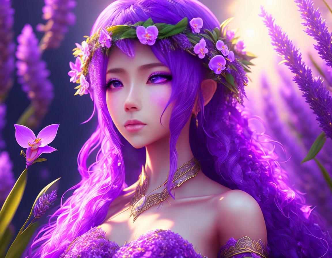 Fantasy digital art: Female character with purple hair, elf ears, floral adornments in purple flower