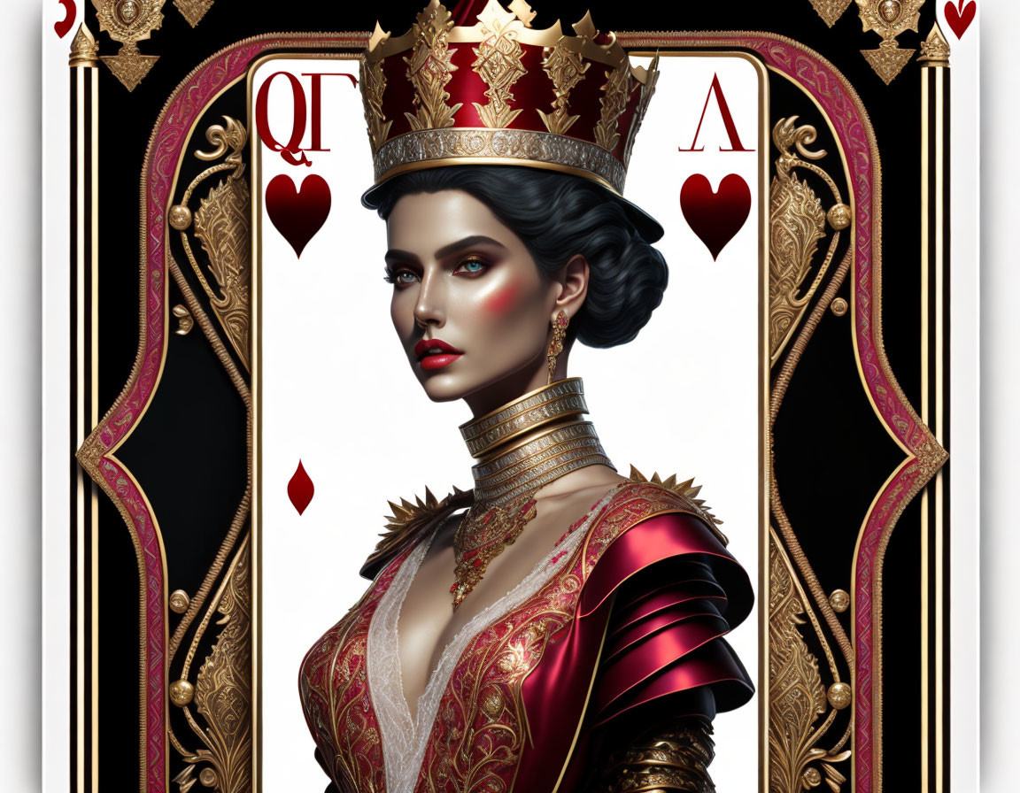 Regal woman with crown and red dress on playing card.