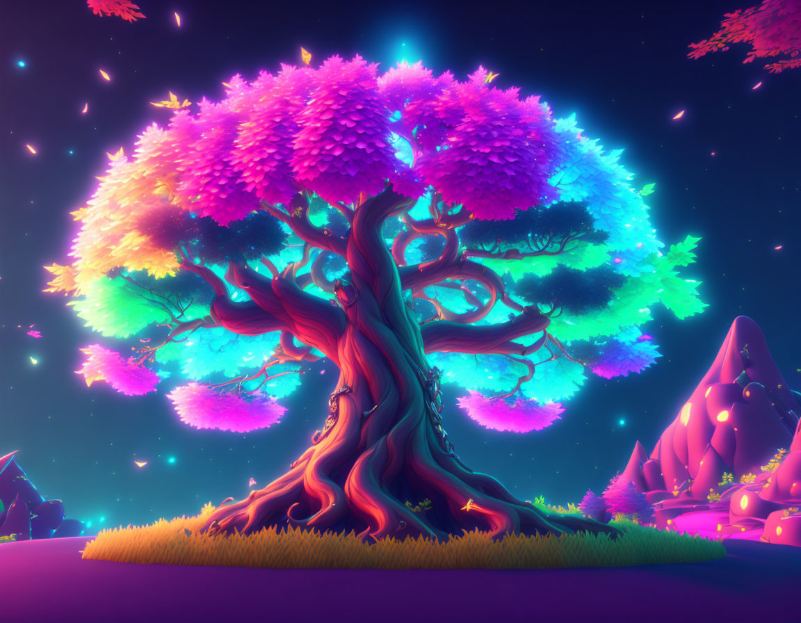 Colorful neon-hued tree in fantastical landscape with glowing plants and mountains