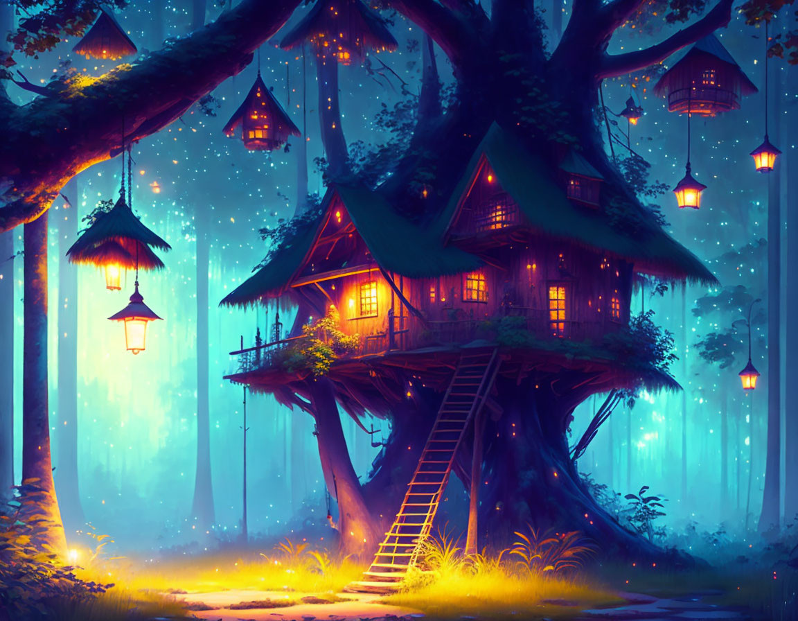 Enchanting treehouse with lanterns in mystical forest under starry sky