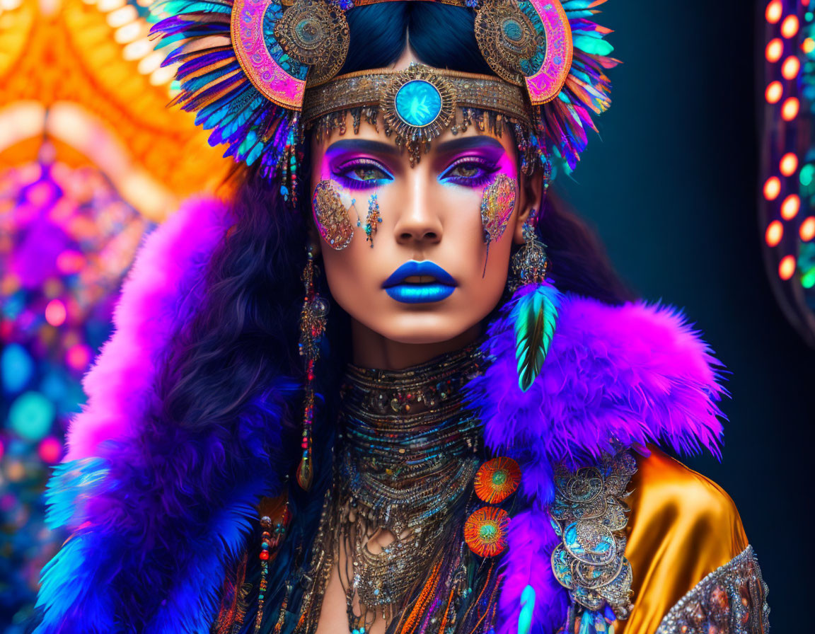 Colorful Carnival Attire with Feathered Headdress