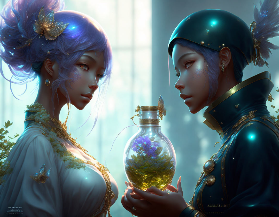 Stylized ethereal female figures with purple hair and helmet gazing at luminous terrarium.