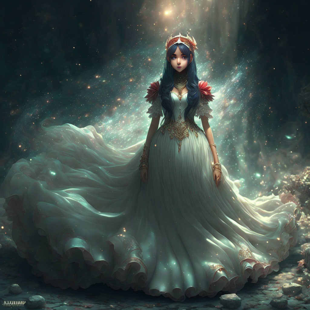 Woman in white gown in mystical forest with soft glowing light