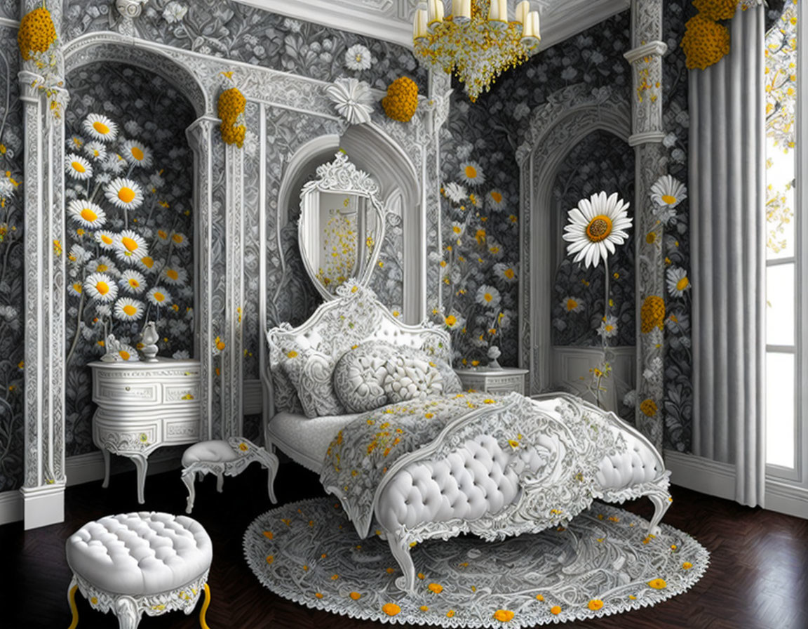 Luxurious Bedroom with White Ornate Bed and Daisy Motif Walls