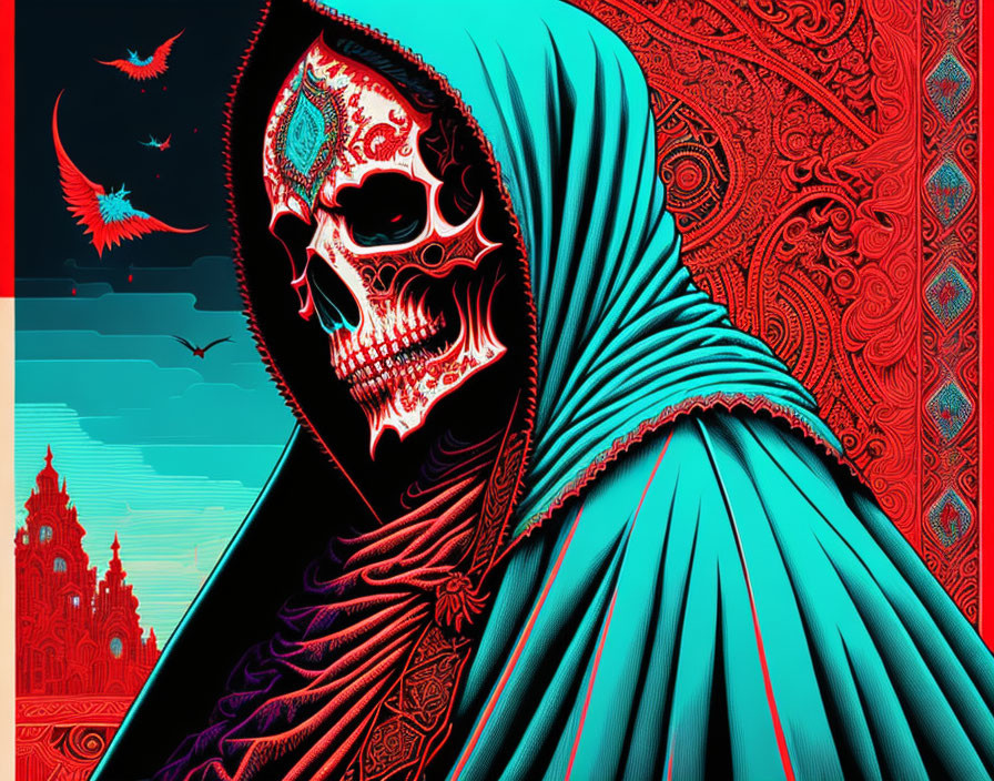 Detailed skull illustration with draped cloak in Gothic setting