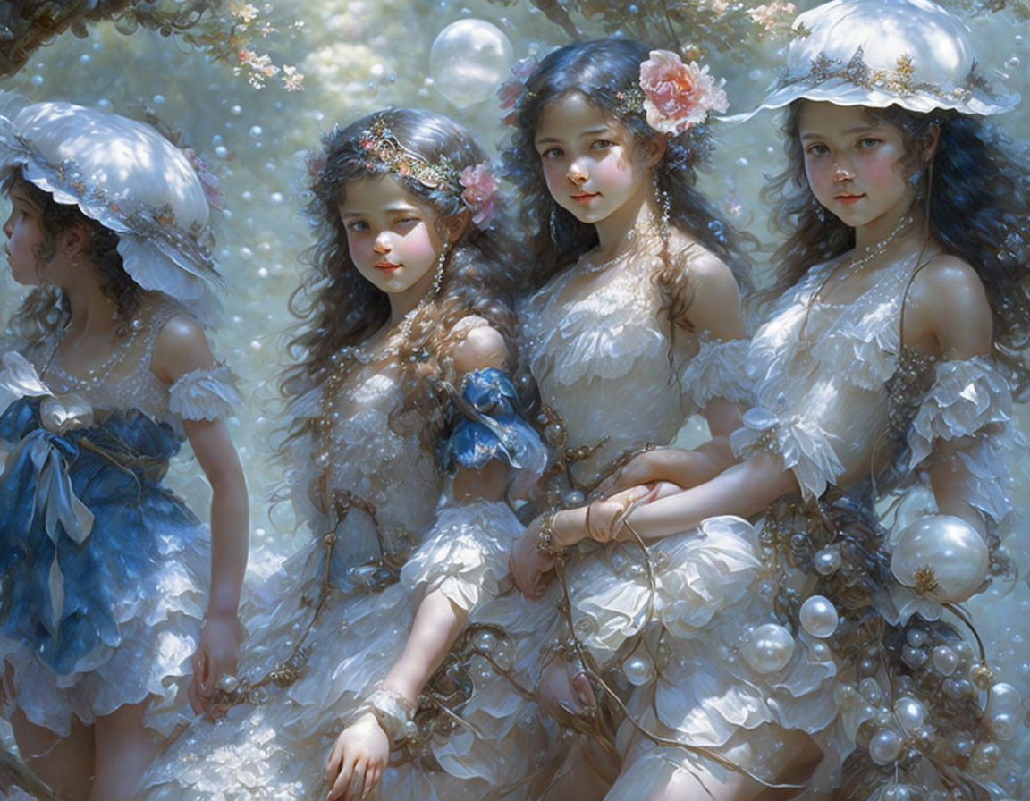 Four Ethereal Girls in White Dresses Amid Shimmering Light and Foliage