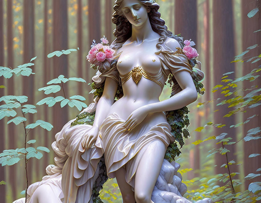 Woman statue with floral decorations in serene forest scene