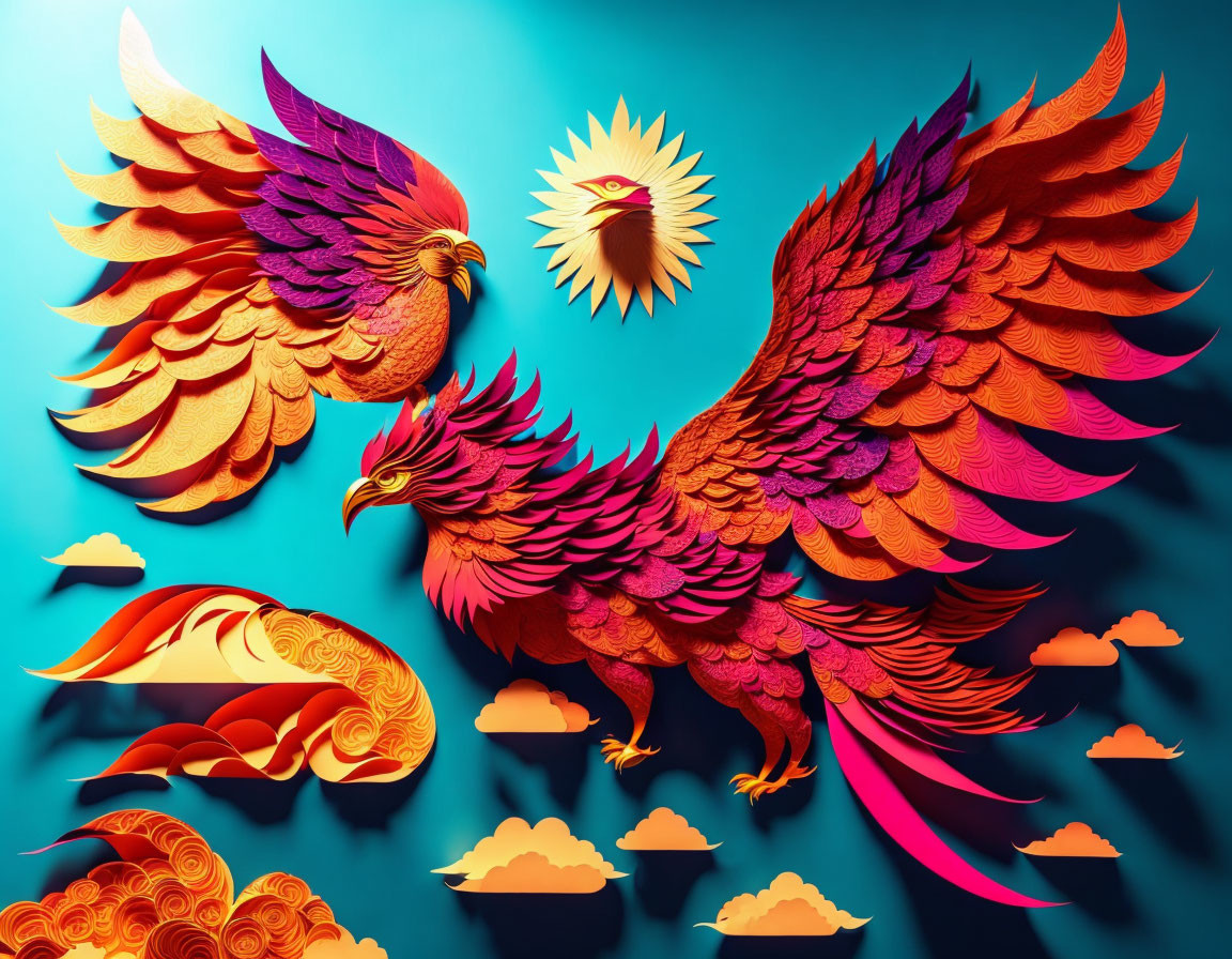 Colorful Paper Art: Majestic Phoenix Flying in Blue Sky