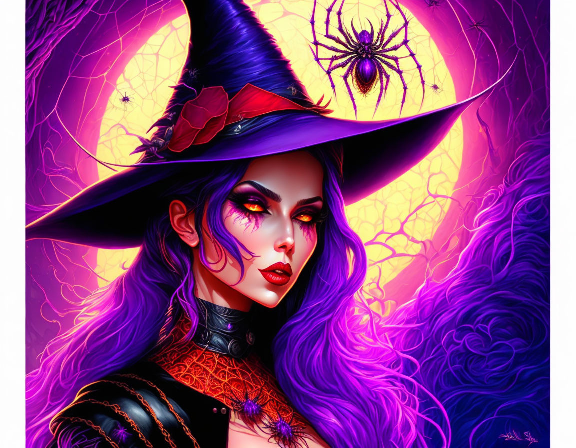 Purple-themed witch illustration with piercing eyes and spider-adorned hat