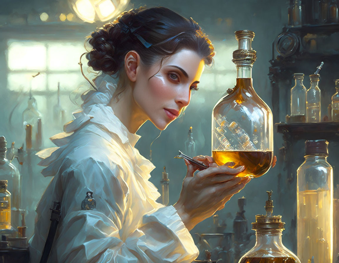 Historically dressed woman studying liquid in illuminated flask.