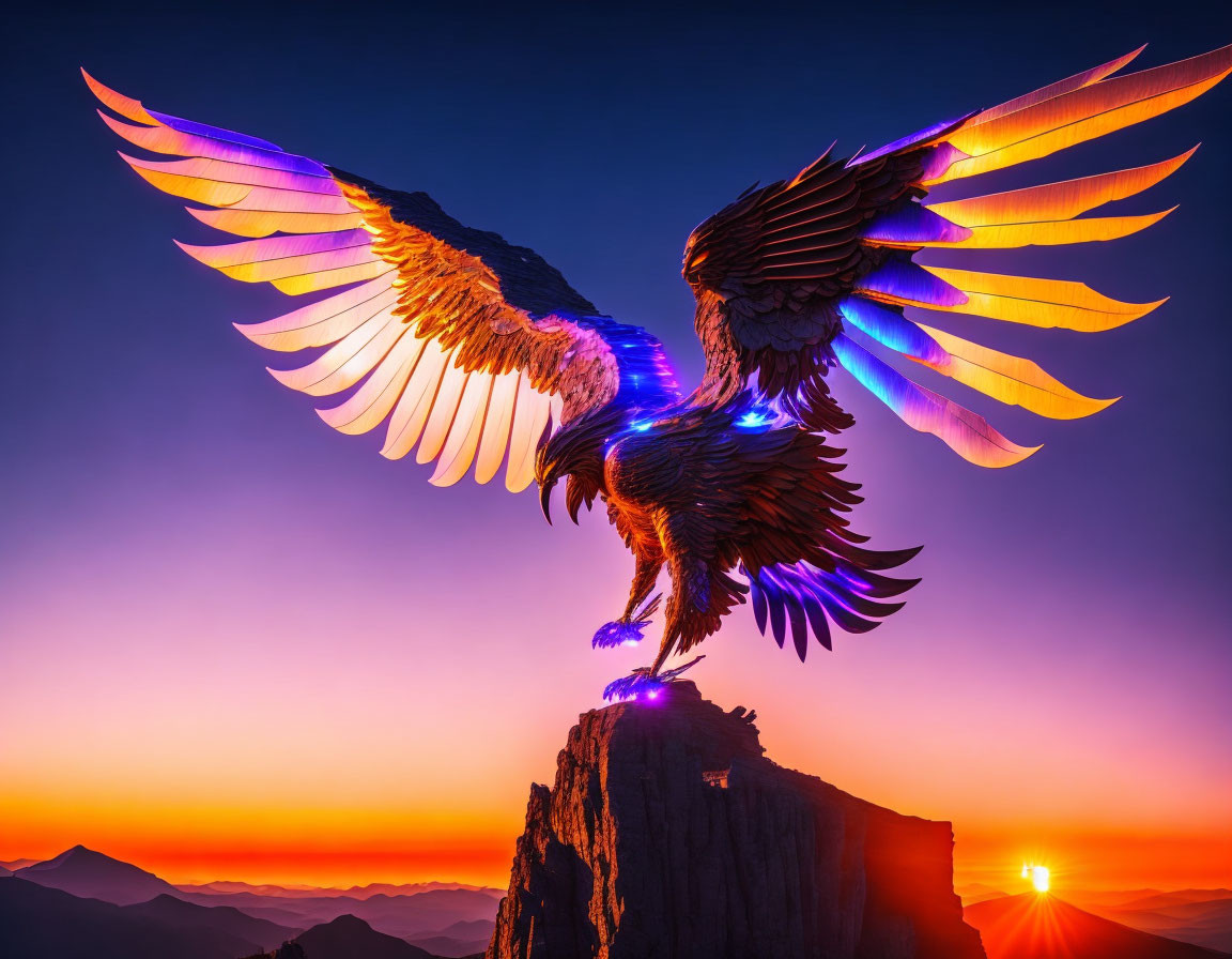 Colorful eagle with spread wings on rocky peak at sunset