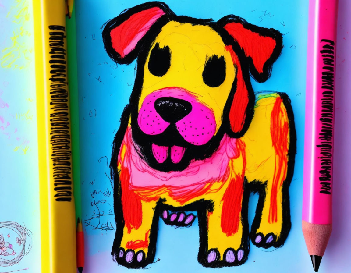 Vibrant cartoon dog drawing with pink and yellow body on blue background