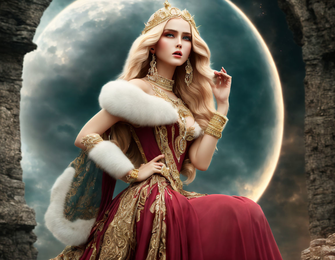 Regal woman in red gown with crown poses against moon backdrop