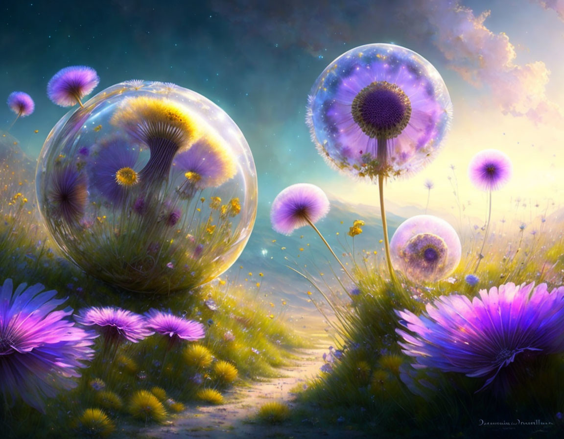 Fantastical landscape with oversized glowing purple dandelion-like flowers