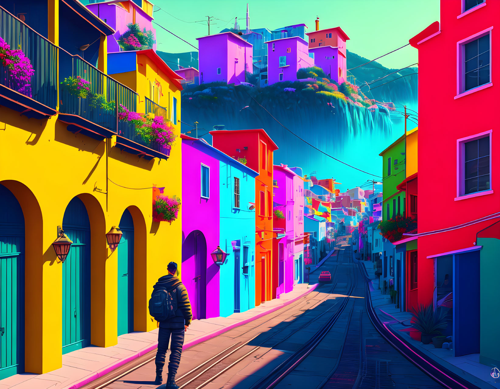 Vibrant street scene with colorful houses, tram track, and waterfall.