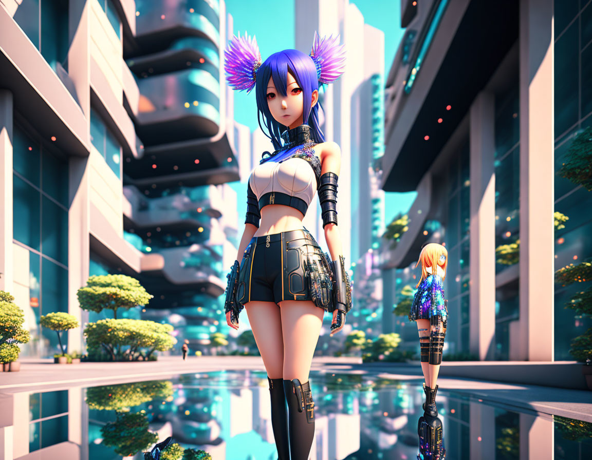 Blue-haired anime-style female character in futuristic urban setting with reflective surfaces and another character.