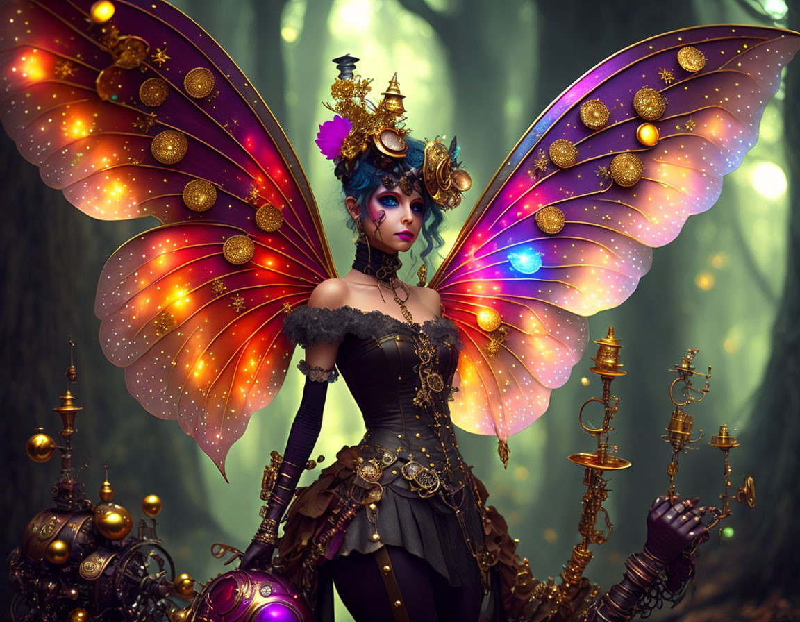 Steampunk-inspired fairy with illuminated wings in mystical forest