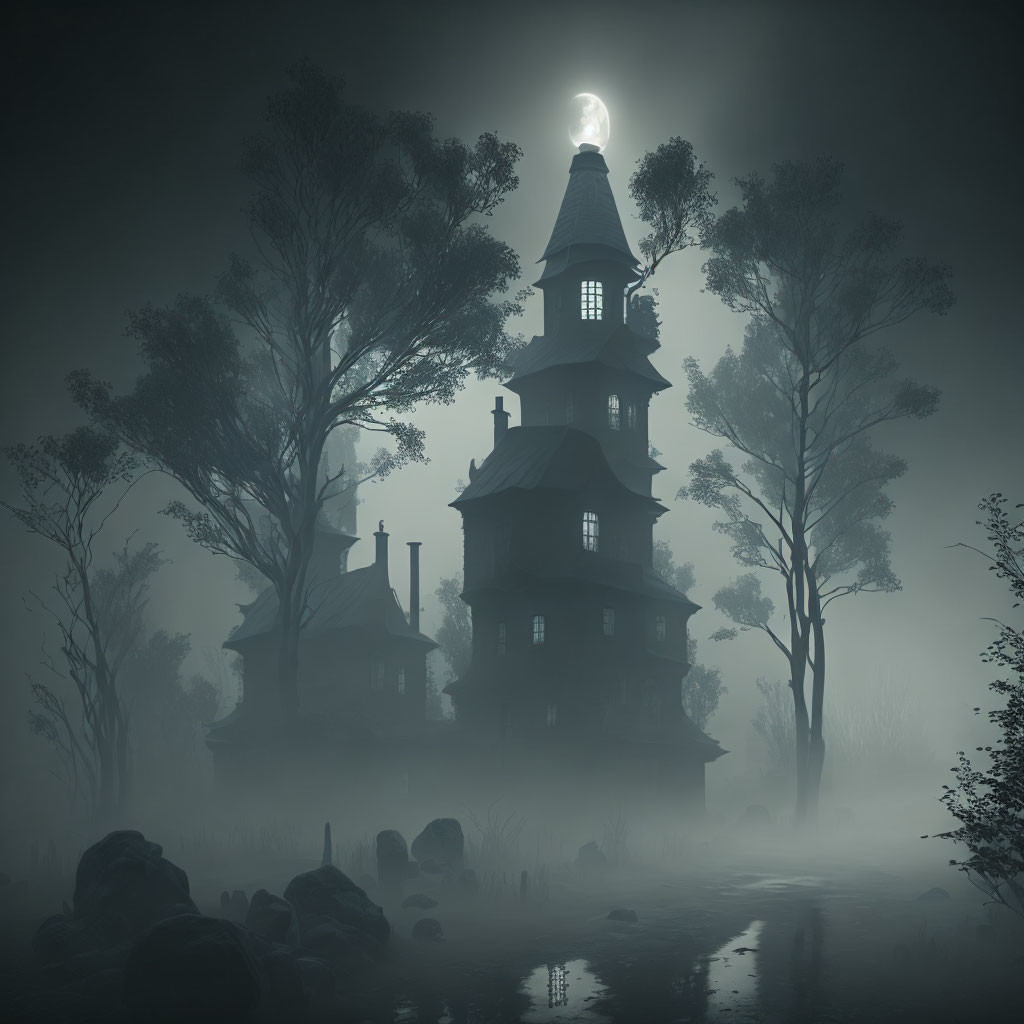 Eerie tall house in misty forest with pond and rocks