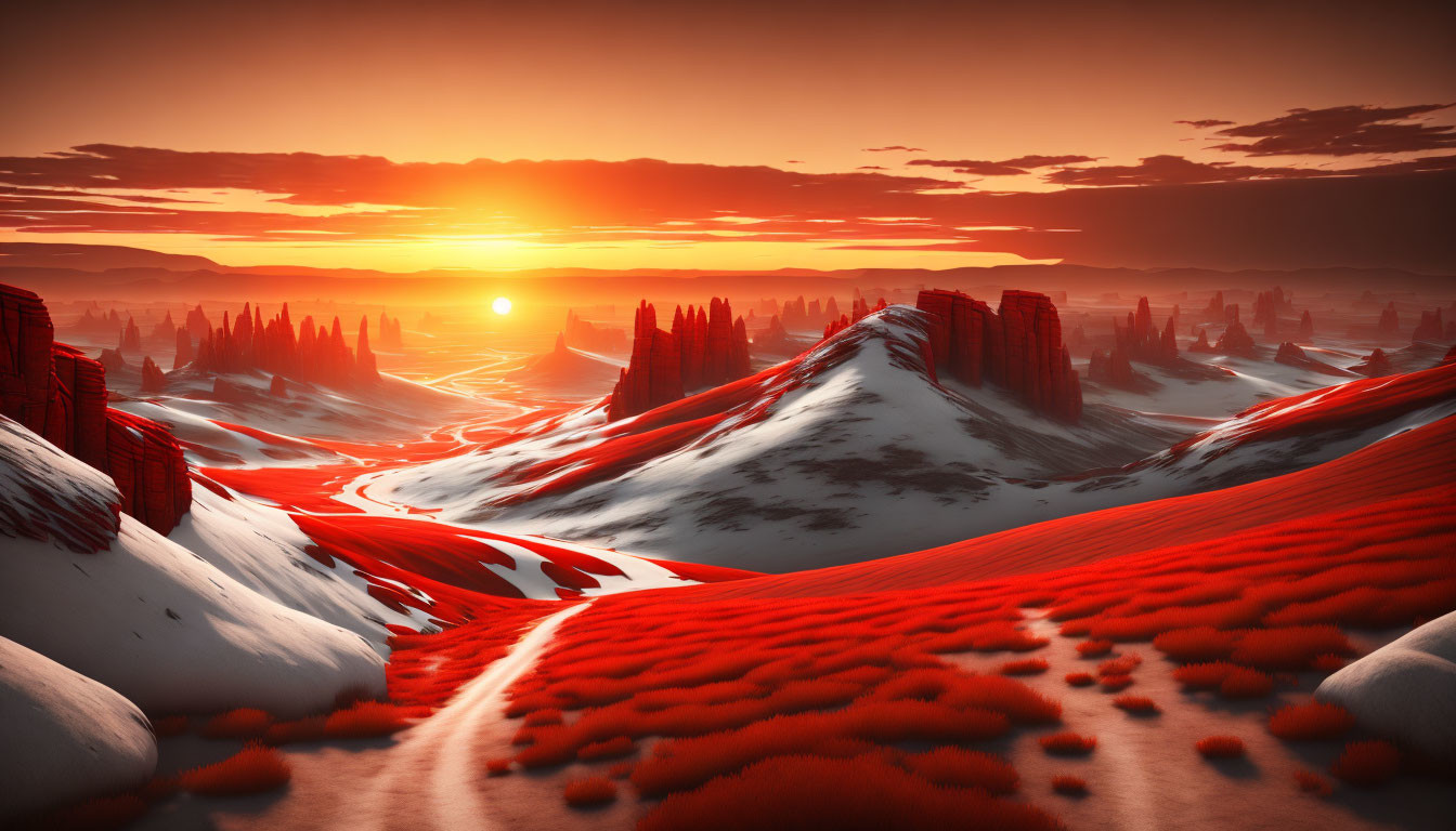 Surreal landscape with crimson vegetation, snowy patches, and towering rock formations