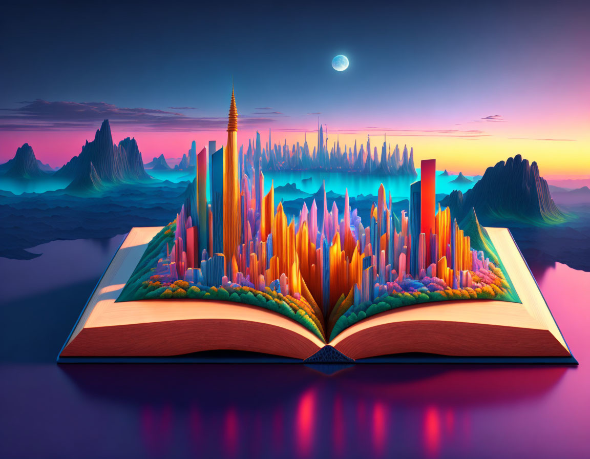 Vibrant fantasy cityscape and mountains in open book against twilight sky