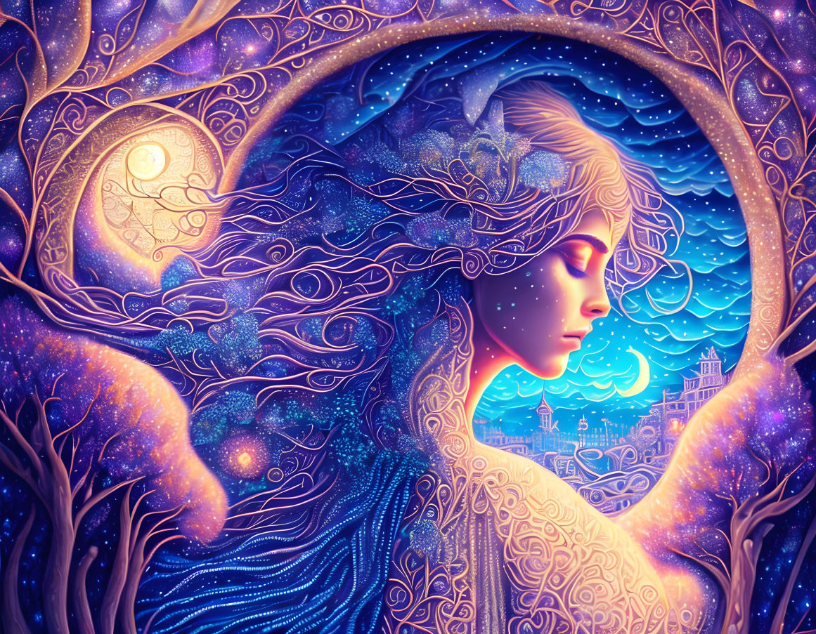 Colorful celestial woman embraced by cosmic background.