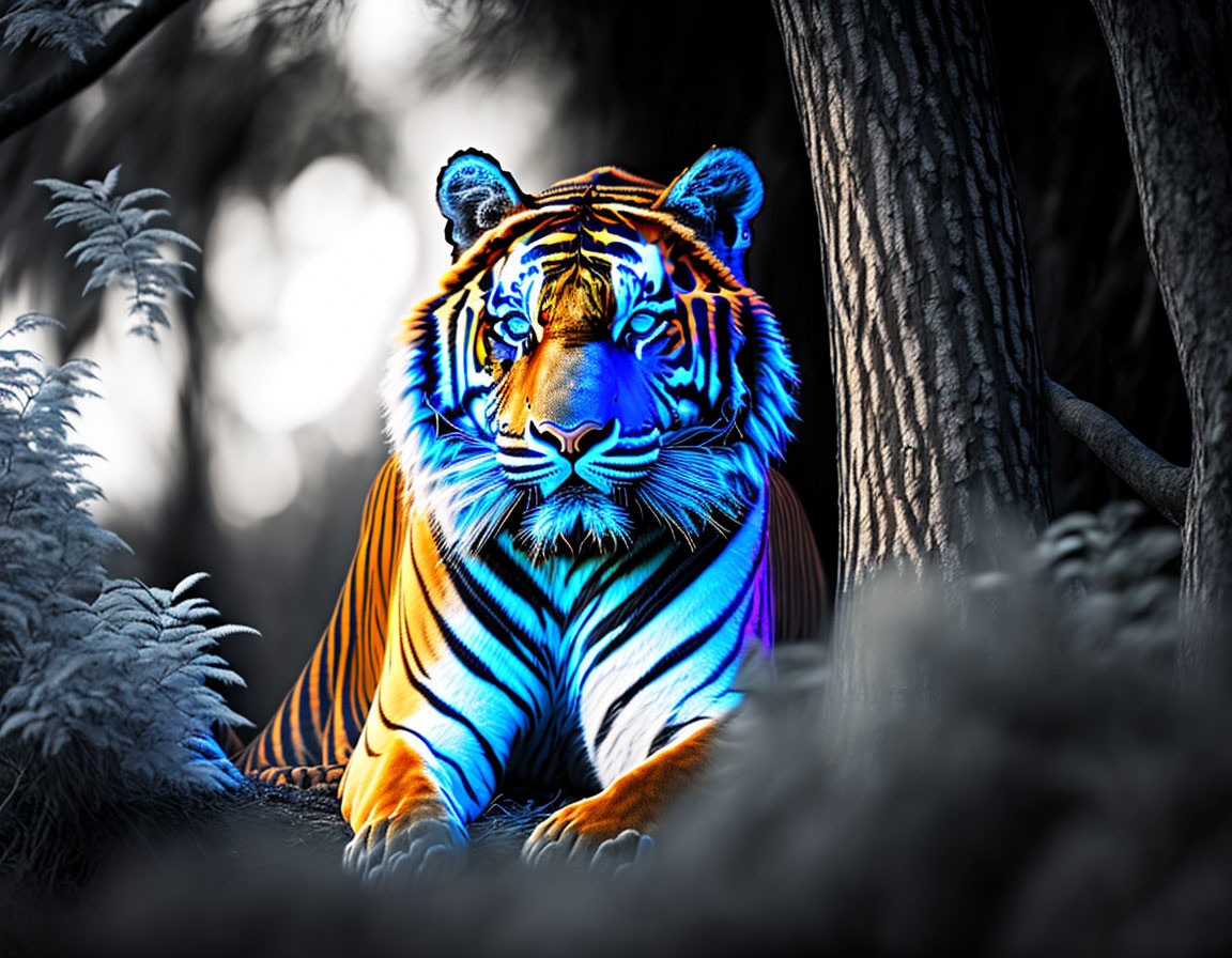 Colorful Tiger Resting in Monochrome Forest