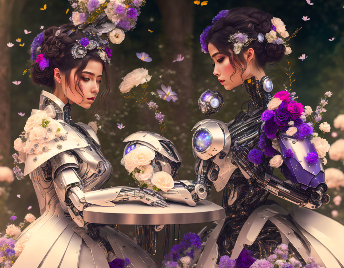 Stylized female robots with floral details on soft background