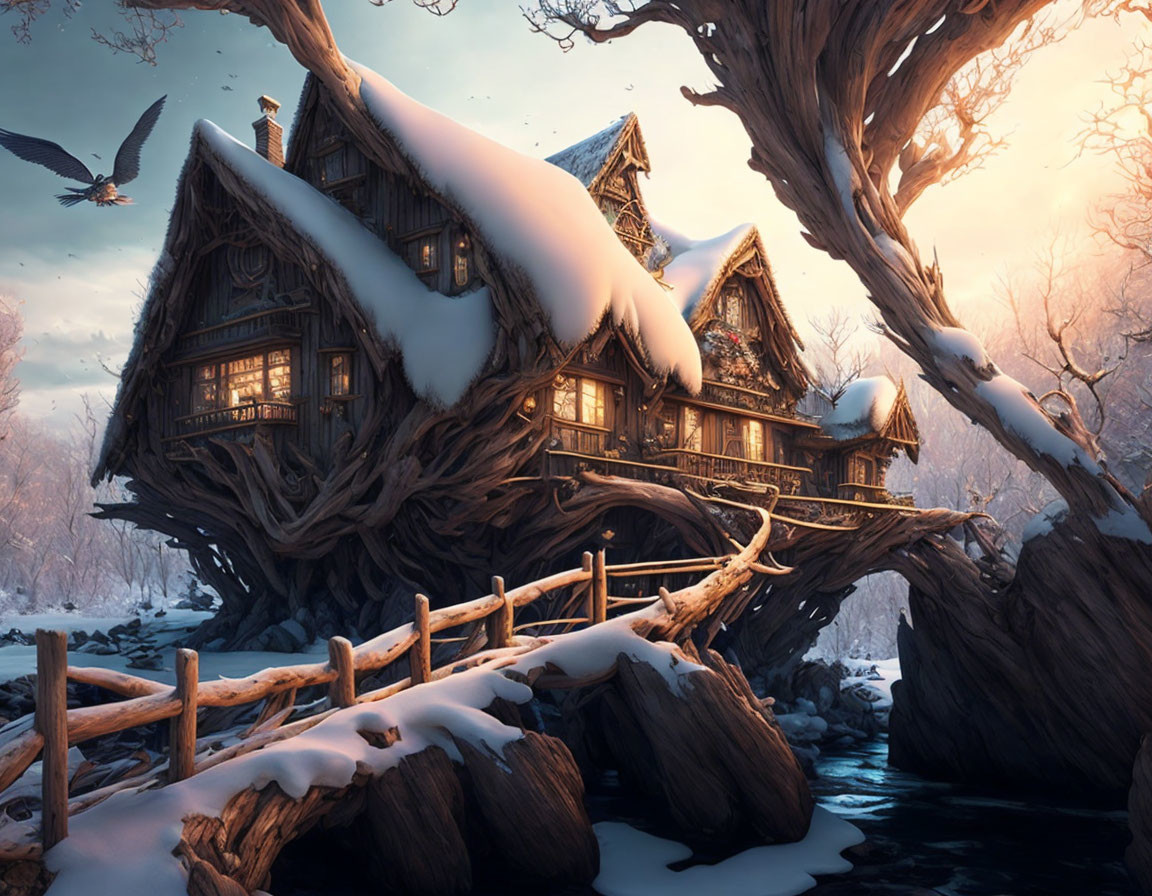 Snow-covered treehouse in winter landscape with warm lights by frozen stream