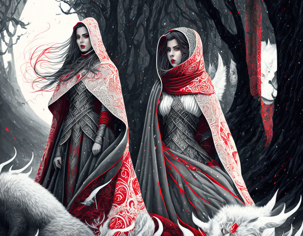 Two Women in Red Hooded Cloaks with White Wolves in Snowy Forest