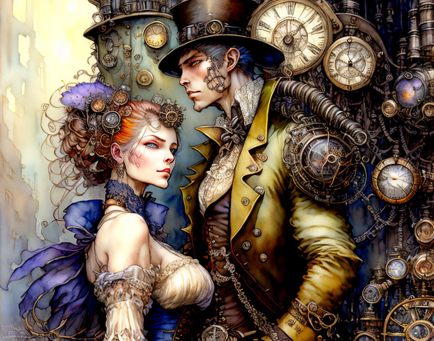 Steampunk-inspired illustration of man and woman in Victorian attire with clockwork gears