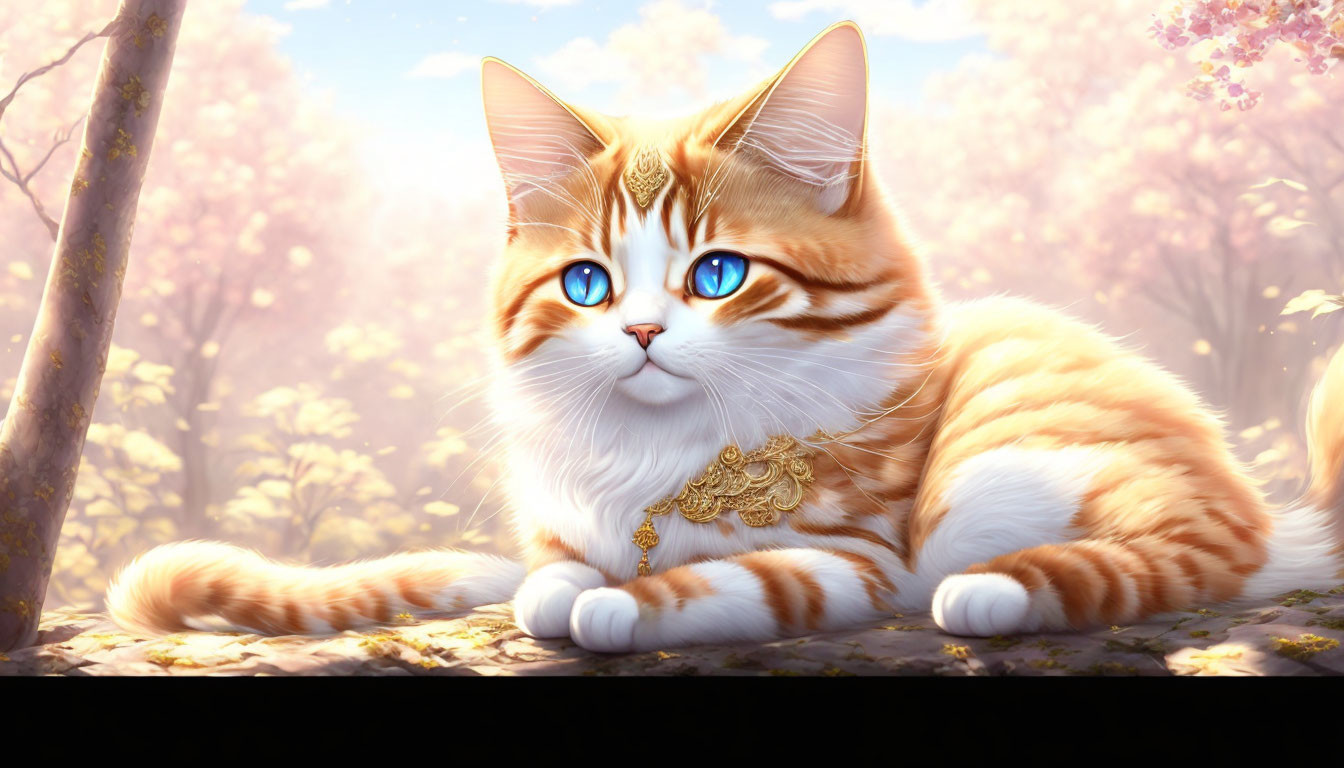 Illustrated Cat with Blue Eyes and Golden Necklace in Dreamy Landscape