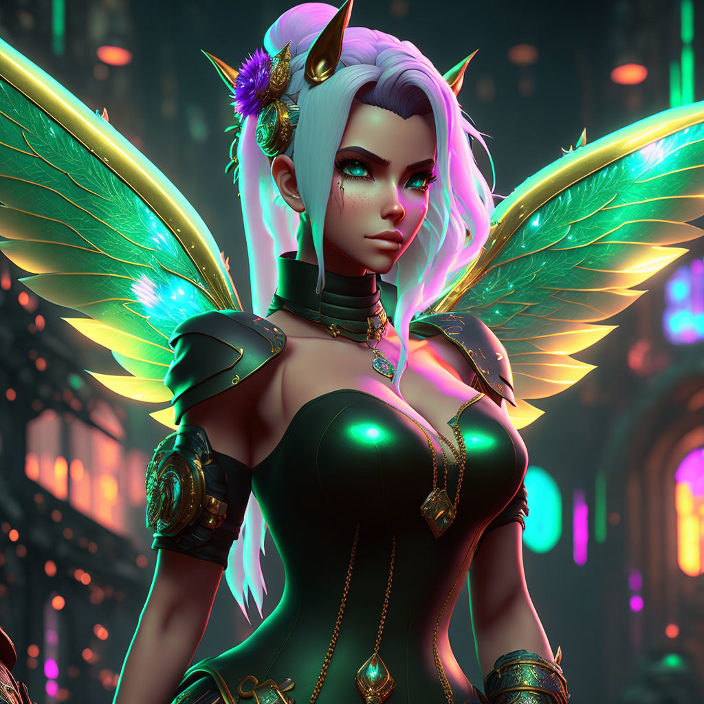 Fantasy character with green glowing wings and gothic armor in neon-lit setting