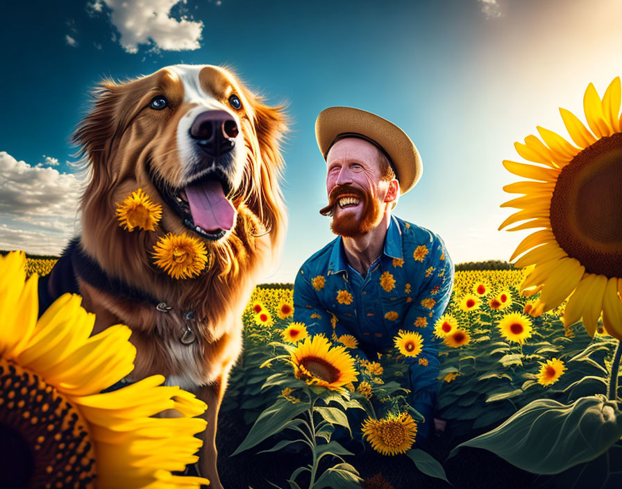 Man and dog in vibrant sunflower field under blue sky