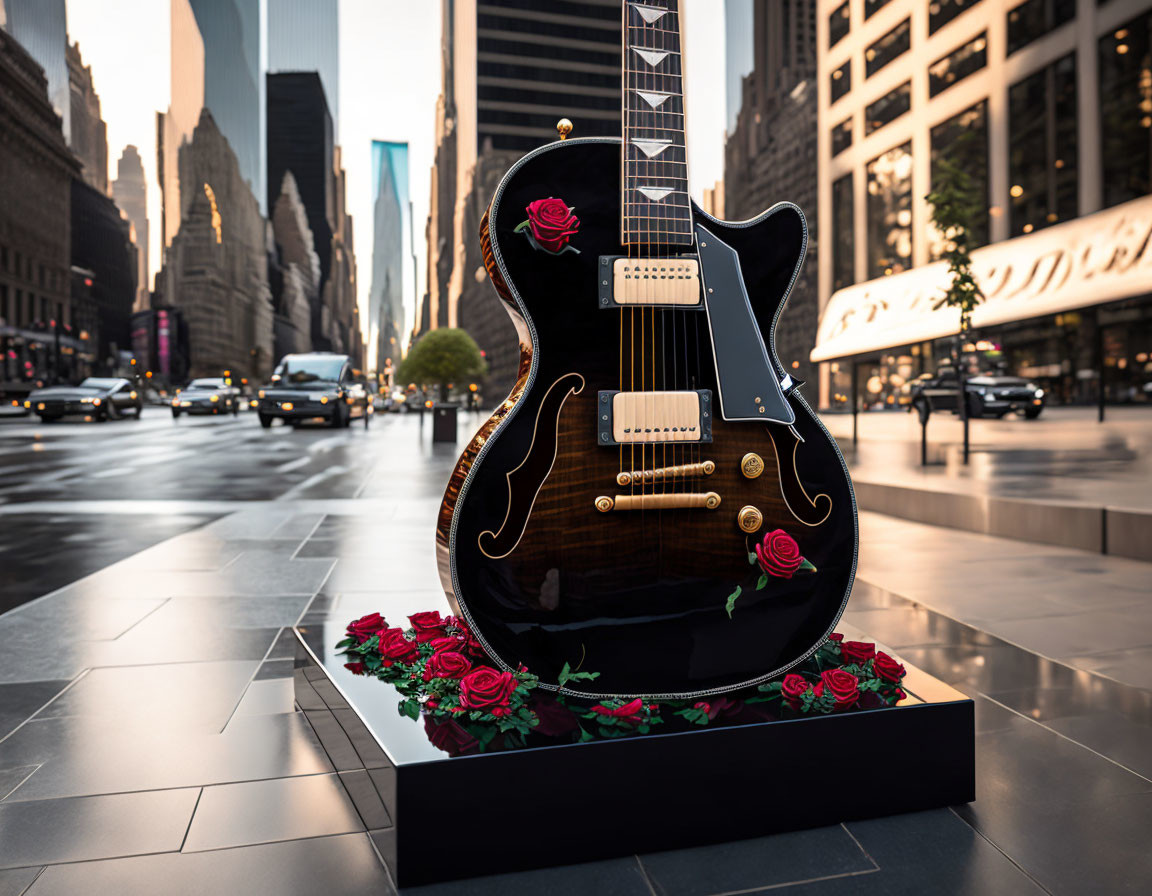 City street giant guitar sculpture with rose motifs at dusk