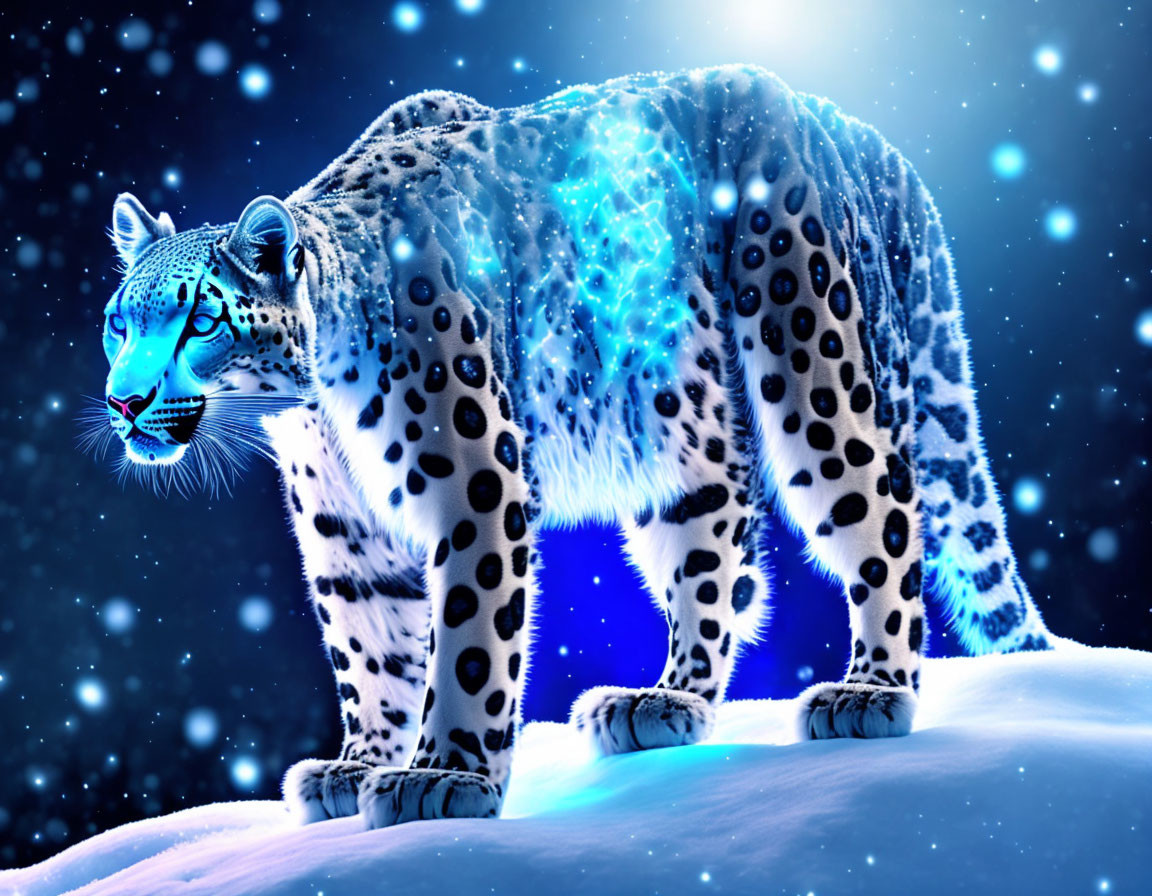 Snow leopard digital art: glowing blue pattern on starry night sky