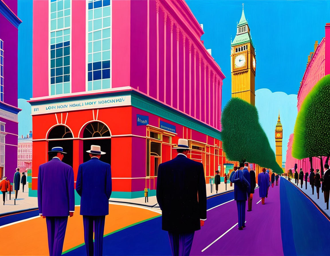 Colorful street scene illustration with Big Ben.