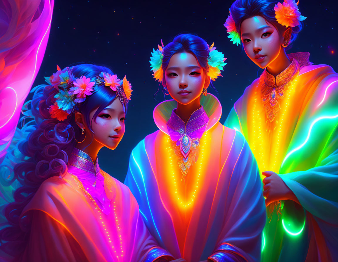 Vibrant traditional attire on three individuals with flowers in hair