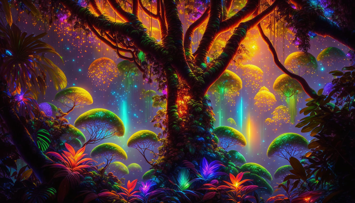 Fantastical neon-colored forest with bioluminescent plants